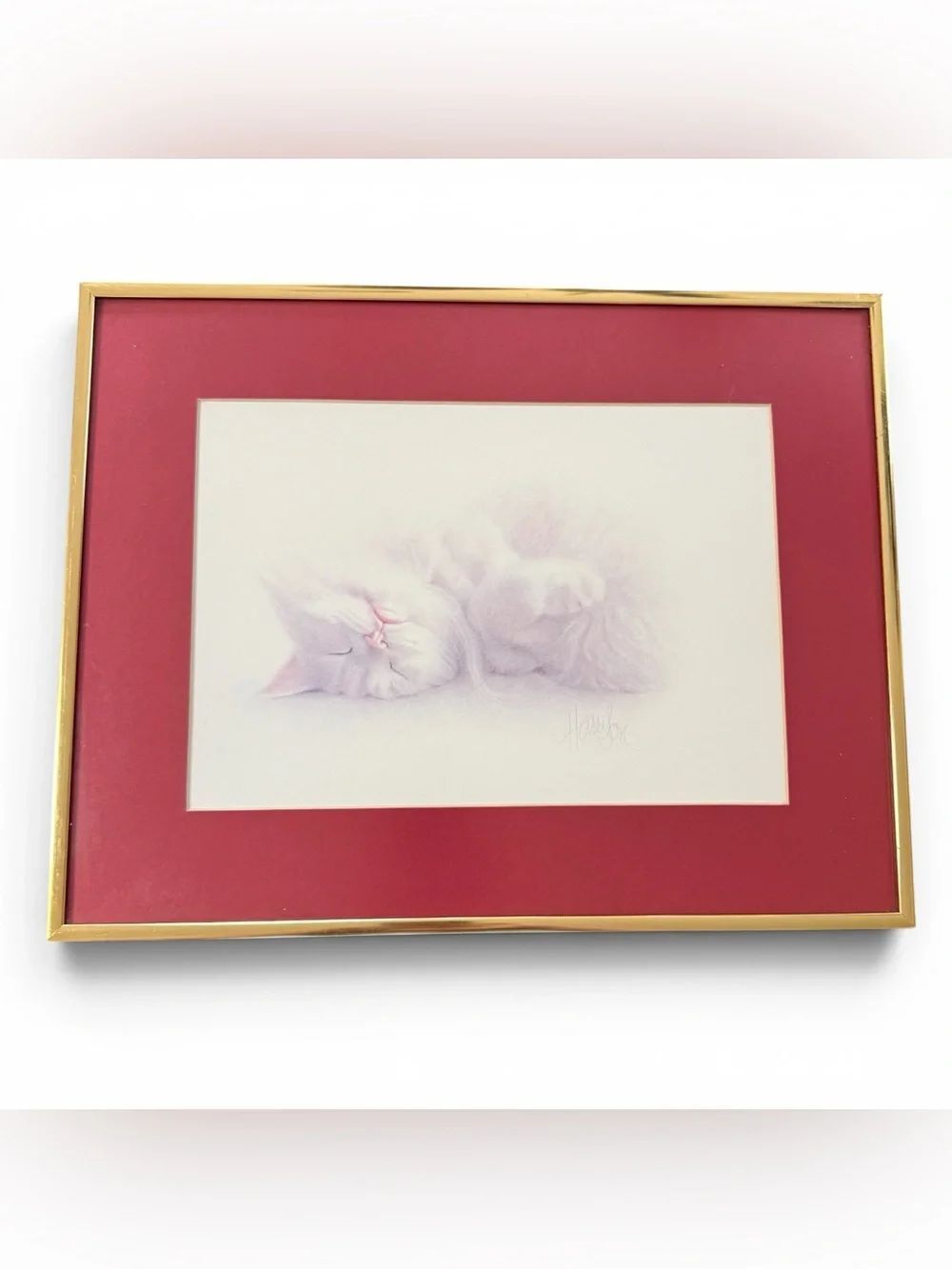 Vintage 80’s "Sleepy Time" Cat Art Print by Bob Harrison Gold-tone Frame Red Mat